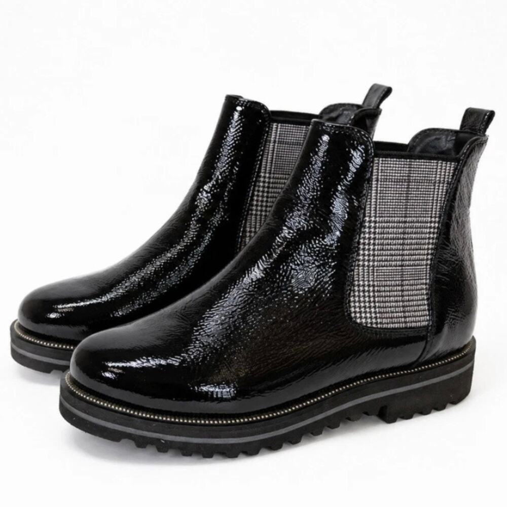 Paul Green Balboa Chelsea Crinkled Patent Leather Black Plaid Boots Size 7.5